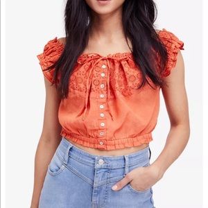 Free People coral eyelet blouse, size small